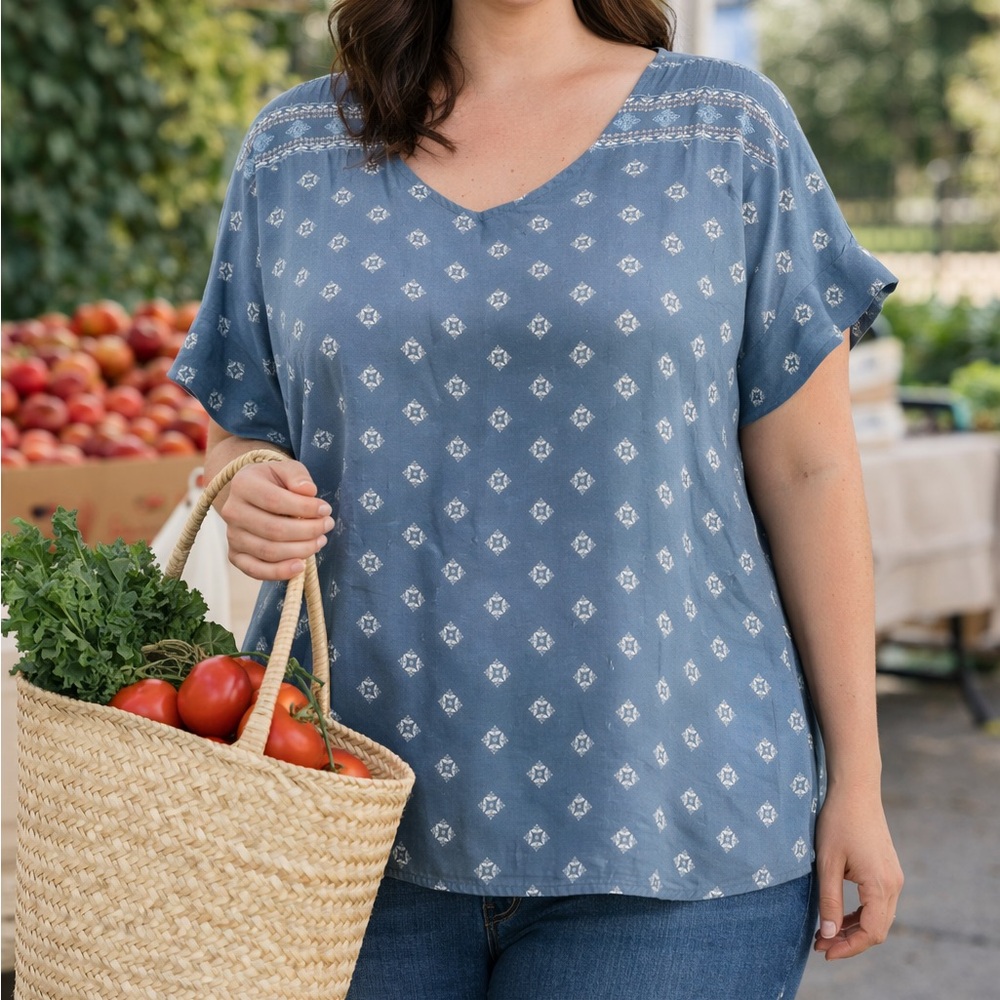 Womens Blue Patterned Short Sleeve Top Elegant Boho Chic Workwear Casual